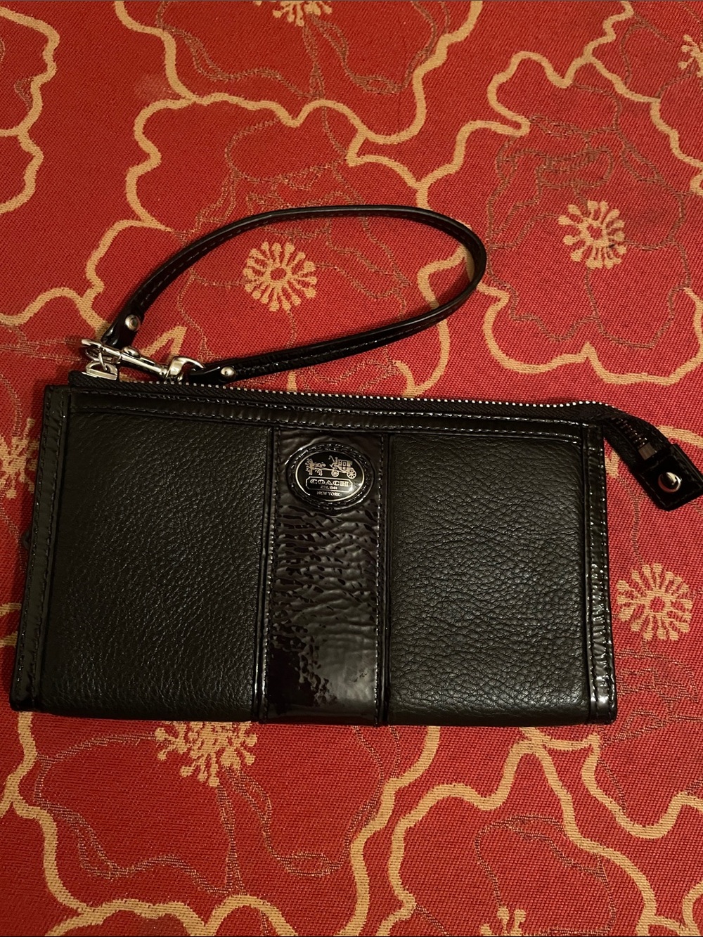 Coach Black Leather Wristlet with Patent Accent